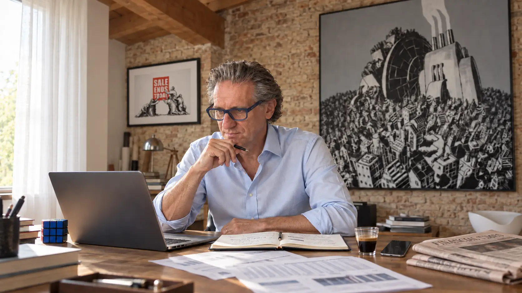 Luigi Mauri al lavoro su un’analisi finanziaria