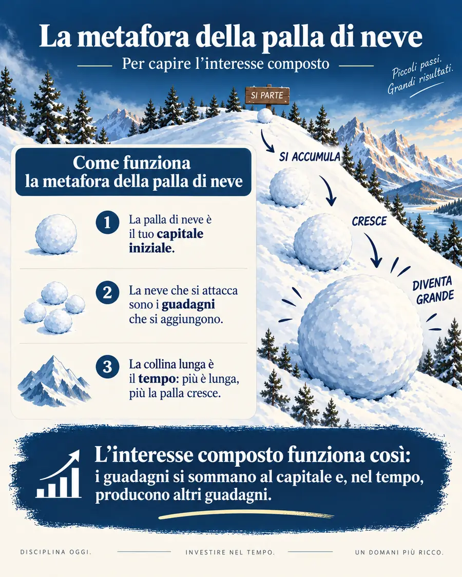Infografica sulla metafora della palla di neve per spiegare l'interesse composto